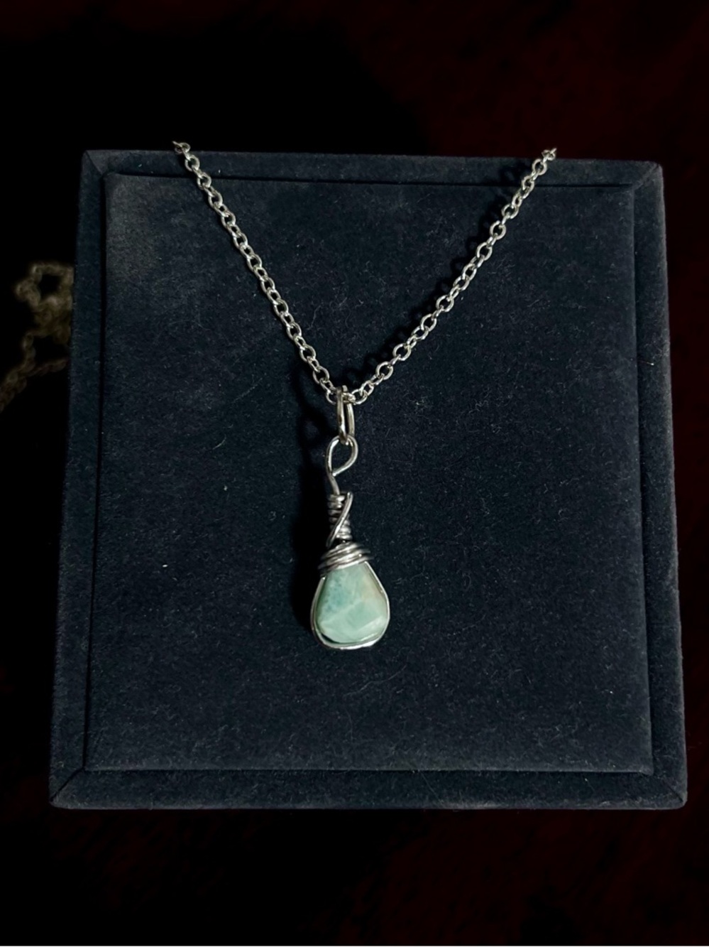 Silver Wire-Wrapped Larimar Teardrop Pendant Necklace